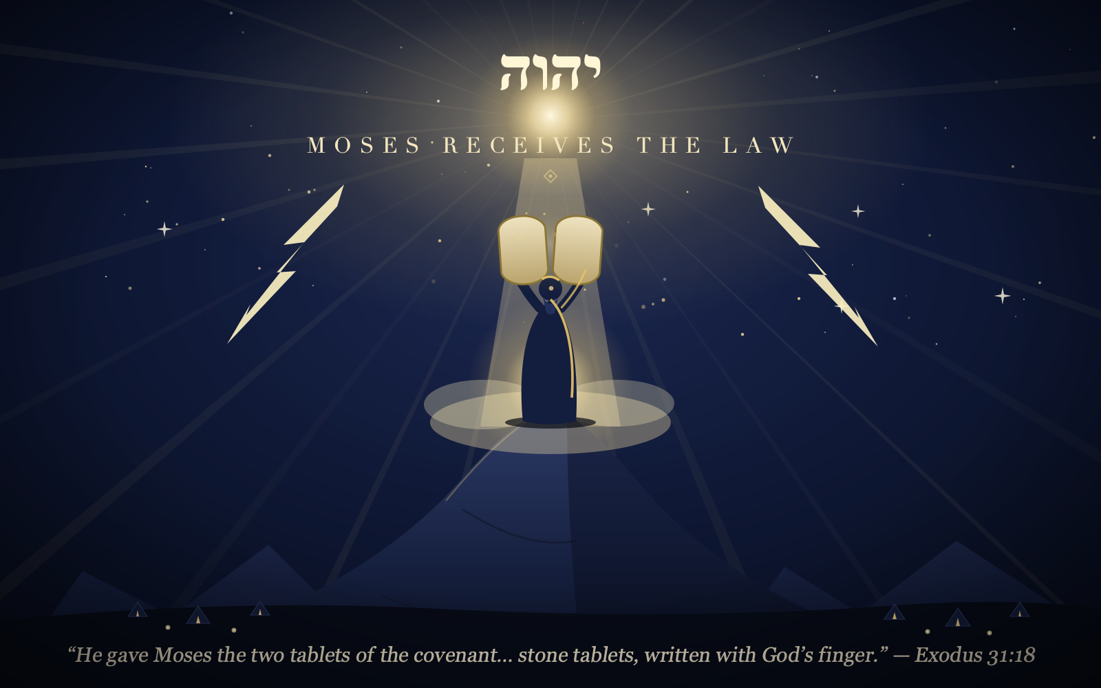 Moses on Mount Sinai lifting the two stone tablets of the covenant toward the glory of Yahweh - the Law given at Sinai