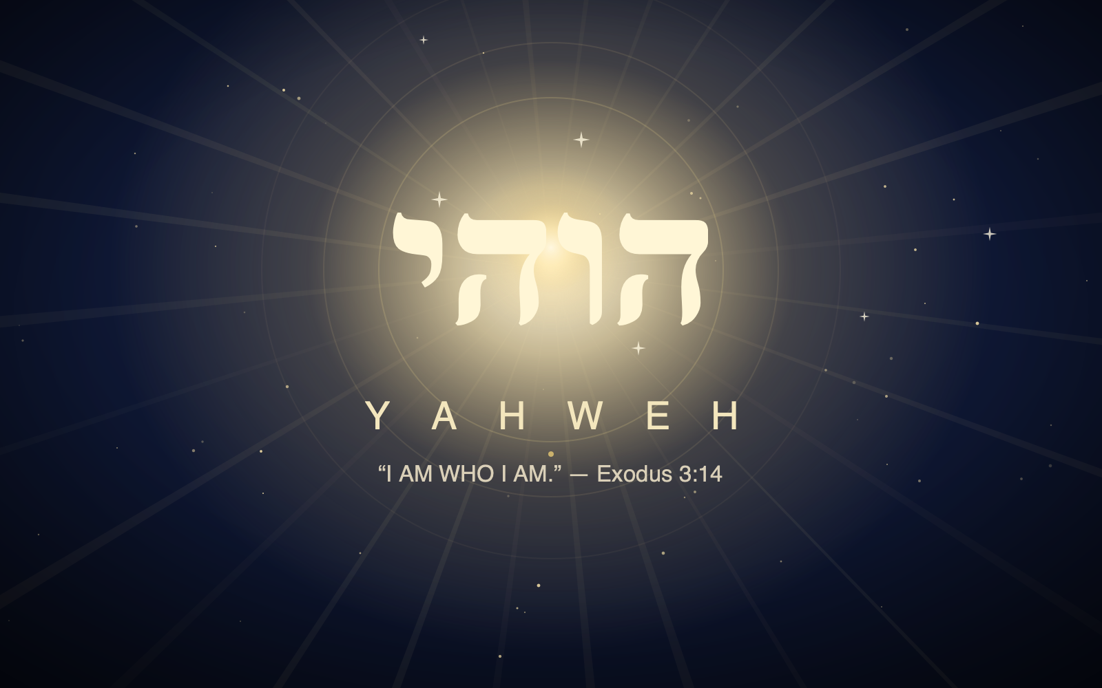 The name Yahweh in radiant gold light over a starlit sky